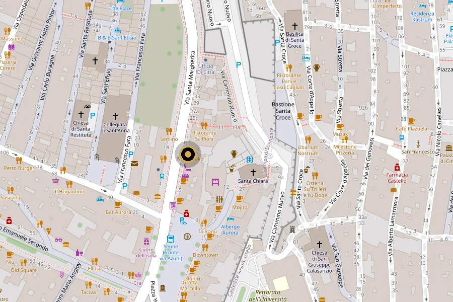 Mappa del centro storico di Cagliari con il punto del Fajn Bar in via Santa Margherita, fra piazza Yenne e Santa Chiara